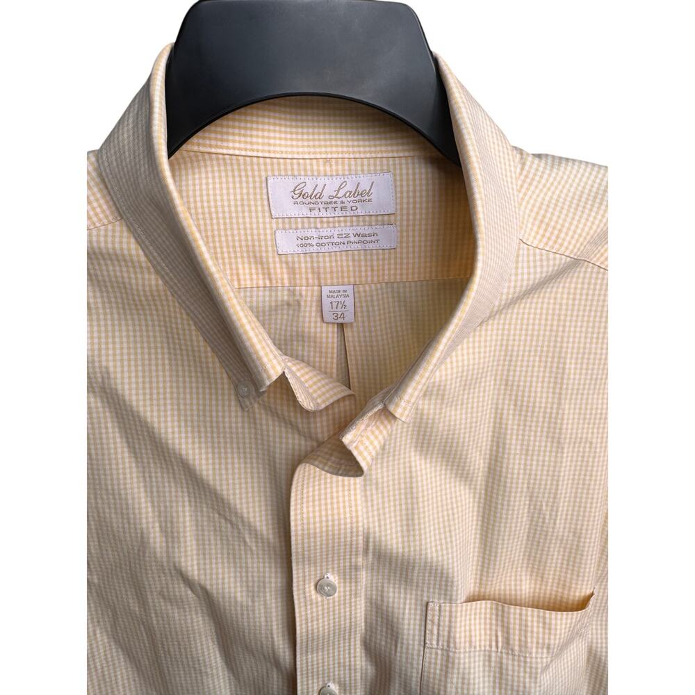 Roundtree & Yorke Gold Label Fitted Dress Shirt 17.5 34 Yellow Gingham XL